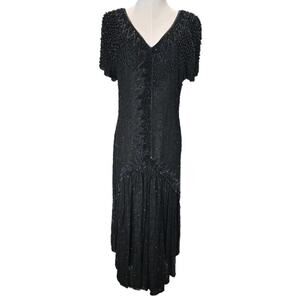 Vtg Mark & John II Beaded Sequin SILK Dress Sx L Black Drop Waist Sheer Ruffle